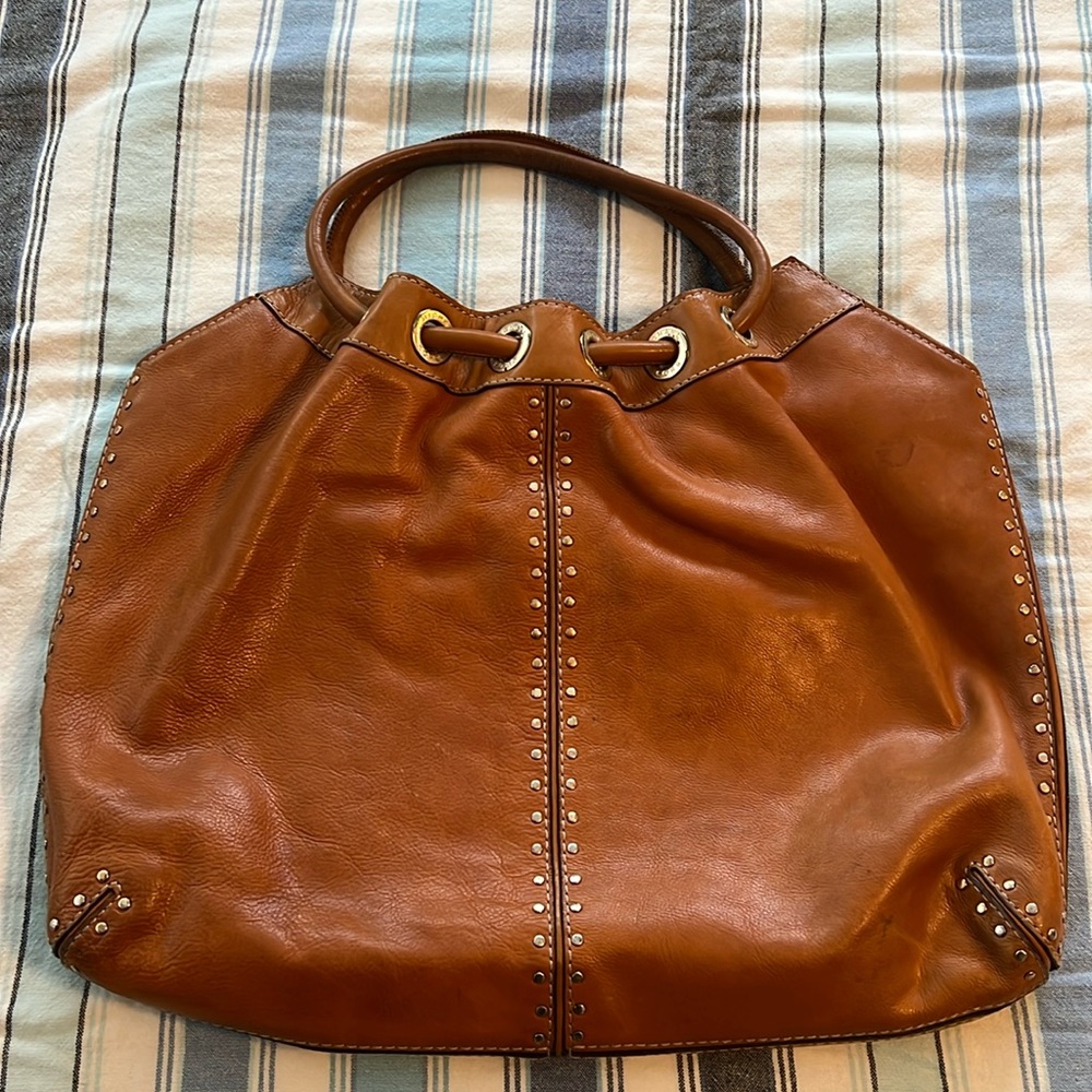 Michael Kors vintage brown leather satchel handbag purse studded large